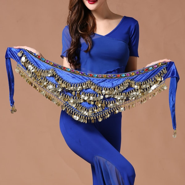 Kvinnetrekant magedansskjerf omslagskjole med gullmynter, magedanskostymer, dansetrening Danseøving hofteskjerf (safirblå)