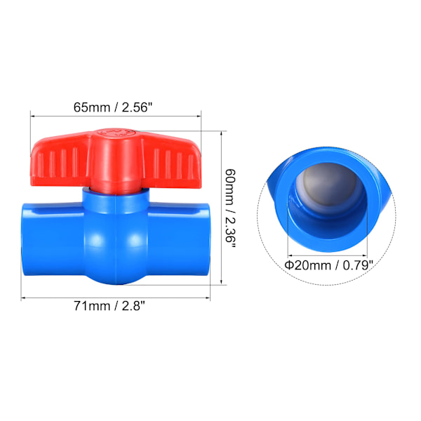 Kugleventil, 20mm ID PVC Sokkel Ende Lukkeventil til Akvarium Opsætning, Sump Pumpe, Pool, Have Sprinkler Blå Rød 5 stk