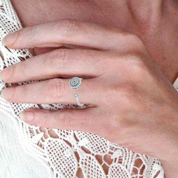Rund Ring med Onda Ögat, Justerbar Öppen Fidget Spinner Ring med Skivformad Amulett, Zirkonia Kristallpärlor Stressreducerande Smycken för Kvinnor Flickor (Vitguld)