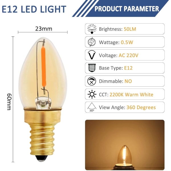 C7 E12 LED-pære 220V, Vintage Edison-stearinlyspære E12 0,5W Udskiftning 5W, E12 LED-natlyspære, Varm hvid 2200K, Ikke-dæmpbar