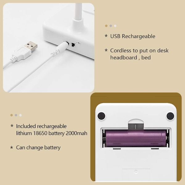 LED Skrivbordslampa USB Uppladdningsbar 2000mah, Touchkontroll 3 Färger 6 Ljusstyrkor Dimbar, Portabel Bordslampa för Läsa Studera Boklampa Sovrum