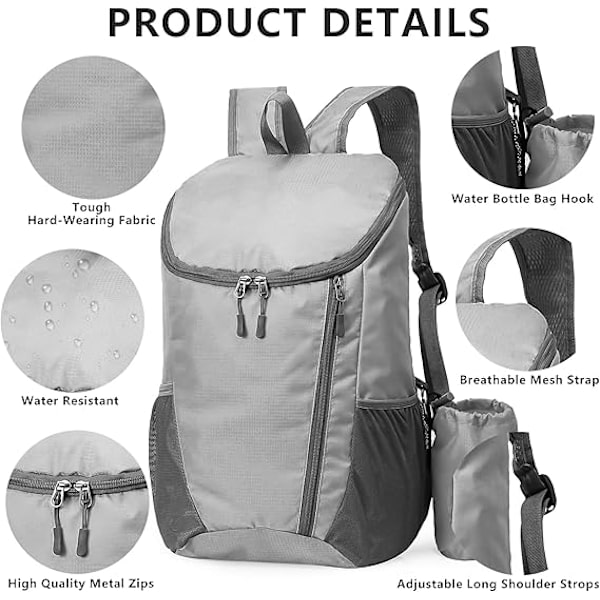 Taitettava vedenpitävä reppu, pieni retkeilyreppu, unisex, sopii ulkoilulajeihin, matkustamiseen, vaellukseen, leirintään, kävelyyn, harmaa grey