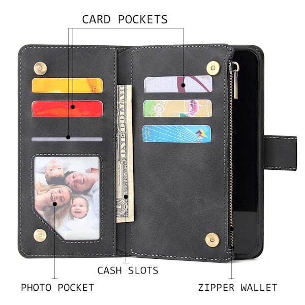 Wallet Case til iPhone 11, Håndtaske med Lynlåslomme, Støttefod, Kortholder Slots med Håndledsrem TPU Stødsikkert Flip Cover til iPhone 11 - Sort