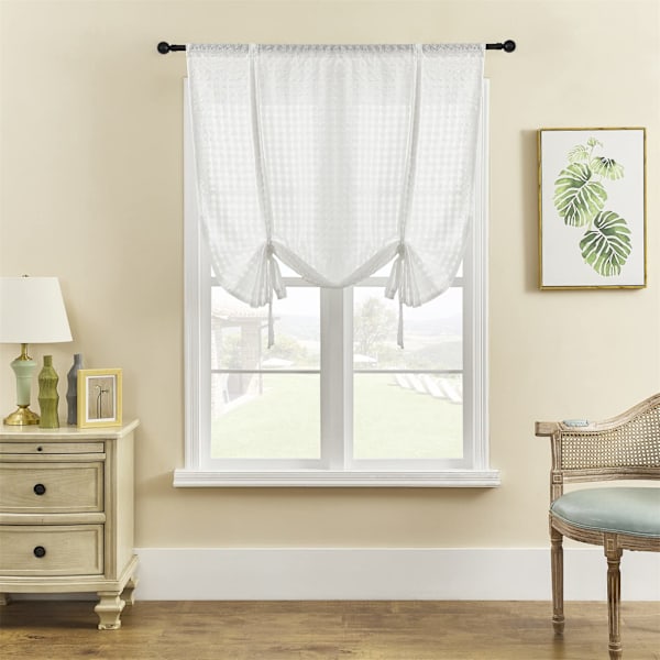 Hvite Retro Lace Voile Gardiner Myke Pom Pom Nett Gardiner for Vinduer Lin Eylett Korte Gjennomsiktige for Soverom Stue Patio Dør, 117×160cm