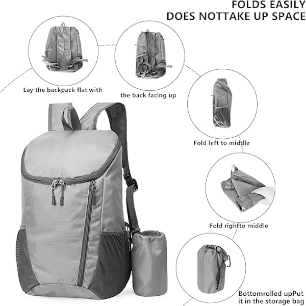 Taitettava vedenpitävä reppu, pieni retkeilyreppu, unisex, sopii ulkoilulajeihin, matkustamiseen, vaellukseen, leirintään, kävelyyn, harmaa grey