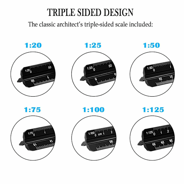 Arkitektonisk skala linjal, aluminium triangulär skala linjal metrisk 1:20, 1:25, 1:50, 1:75, 1:100, 1:125 Standard 12 tum för arkitekter, studenter black