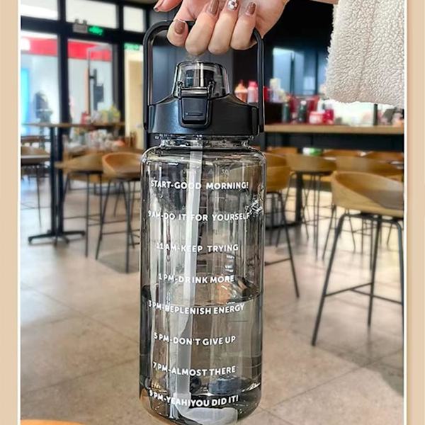Stor vattenflaska med sugrör 2 liter tidsmarkörer svart