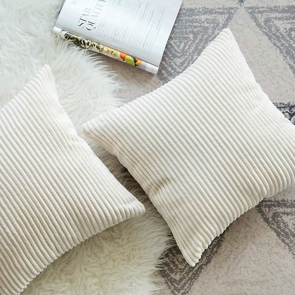 Pakke med 2 høst-kordfløyel myke solide dekorative, firkantede putetrekk, putevar 45 x 45 cm, hvit White