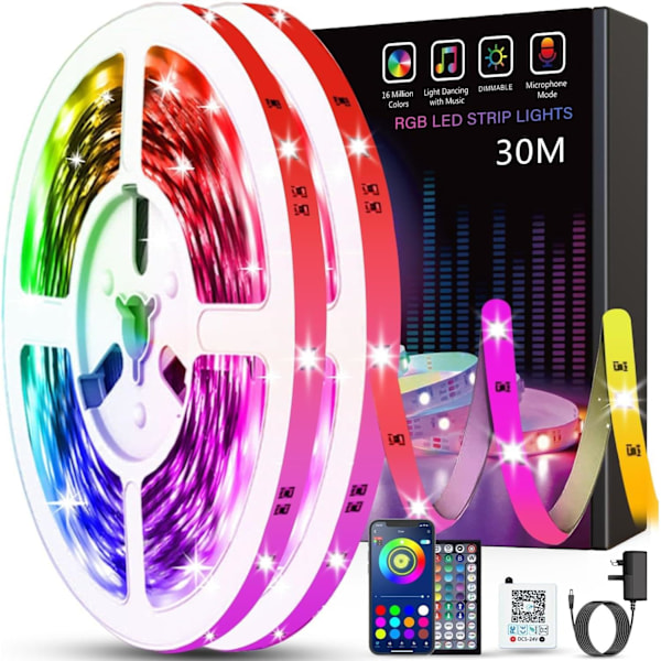 30M LED Stripelys (2 ruller á 15M) Smart Bluetooth App-kontroll Musikk Synkronisering Fargeskiftende RGB LED Lysstriper med Fjernkontroll