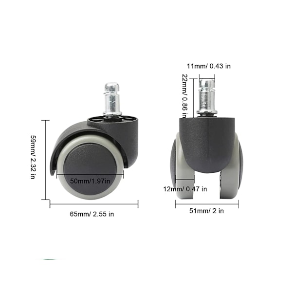 5 stk. 11 mm Universal Størrelse Kontorstol Doble Hjul, Erstatning for Stolhjul, for Kontorstoler, Gamingstoler, Dreiestoler