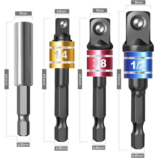 Hylsnyckeladapterset för slagskruvdragare med magnetisk förlängningsbitshållare för 1/4 tums sexkantsskaft till fyrkantshylsa, förvandlar borrmaskinen till mutterdragare, 4 delar