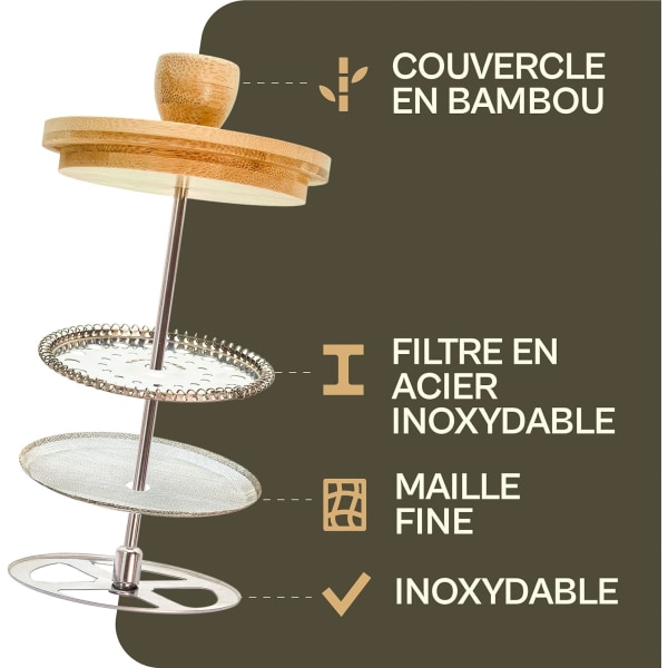 Ranskalainen kahvinkeitin, kahvipuristin, kahvinkeitin männällä, ranskalainen kannu suodatinkahville, 3 kuppia, ruostumaton teräs bambulasi, puu, 0,35 L