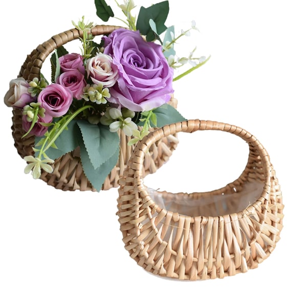 2 st vävda rottingblomkorgar, handhållna blomarrangemangskorgar handvävda blomkrukor, bröllopsblomsterflickekorgar för hemträdgårdsdekoration