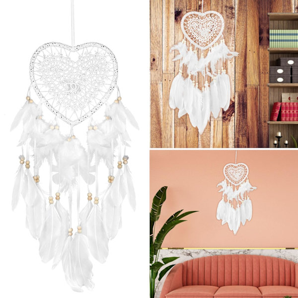 Heart-muotoinen unelmansieppaaja, käsityönä valmistettu pitsiunelmansieppaaja höyhenillä ja helmillä, seinäkoriste, boho-tyyli, kudottu taideteos, tuulisoittokello, kodin ja makuuhuoneen sisustukseen