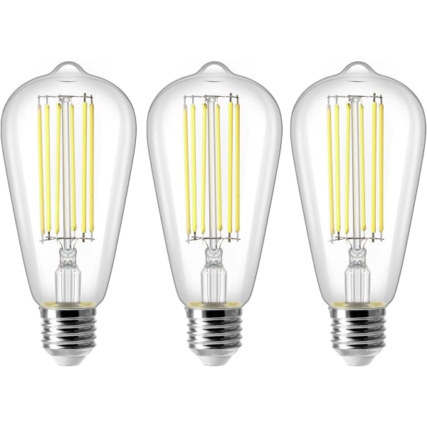 8W E27 ST64 LED-pære, Vintage Edison-glødelampe, 80W-ekvivalent, Cool White 6500K, 800LM, Retro dekorativ lampe, ikke-dimbar, pakke med 3