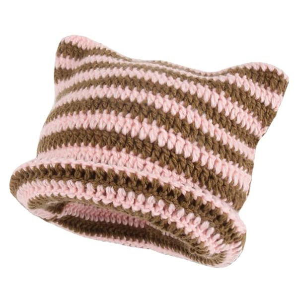 Kissan korvat - neulottu beanie-pipo, raidallinen, talvi, lämmin, joustava, vaaleanpunainen ja ruskea Pink and Brown