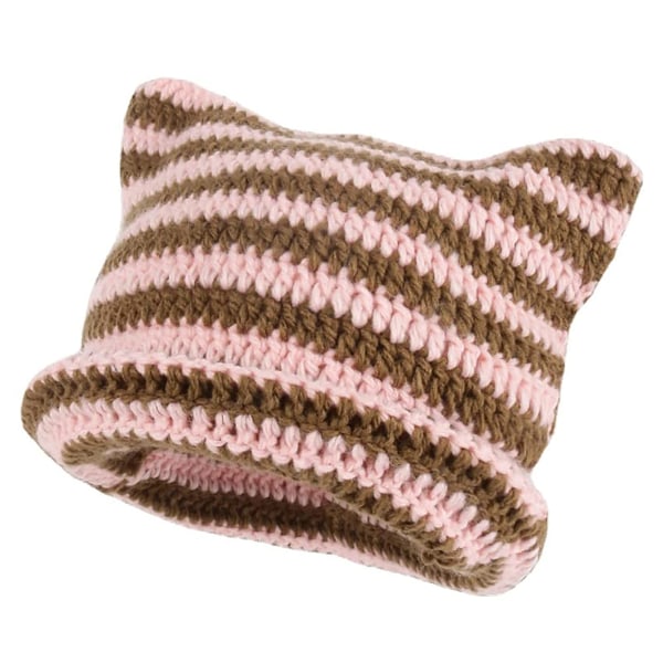 Stickad Cat Beanie med Öron, Randig Vintervarm Elastisk Mössa, Rosa och Brun Pink and Brown