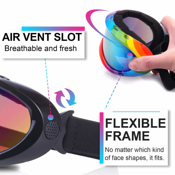 Skibriller, pakke med 2, snowboardbriller for barn, gutter og jenter, ungdom, menn (flerfarget og svart)