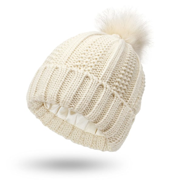 Naisten neulottu pipo, jossa satiinivuori Pom Pom Winter Warm Cap Bobble Hat Hiuksia suojaava Silkkinen Stretch Neulottu Hat, beige