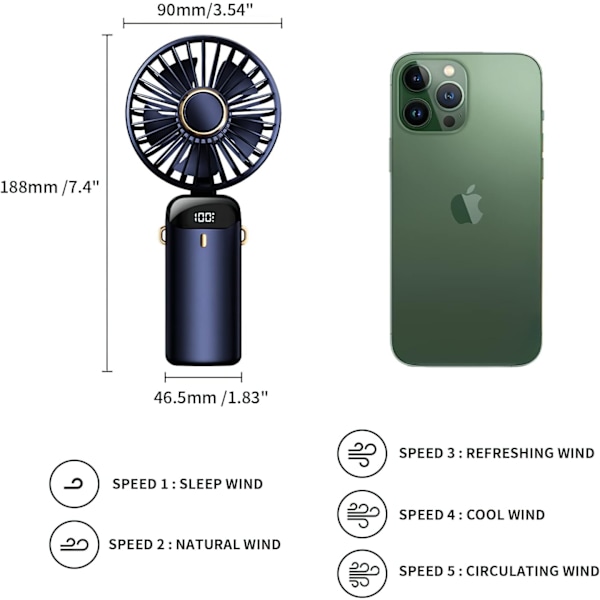 Bærbar ventilator, 5000mAh genopladelig 5 hastigheder, med LED-display, 11-21 timers skrivebordsventilator arbejdstid til kontor soveværelse udendørs rejser camping