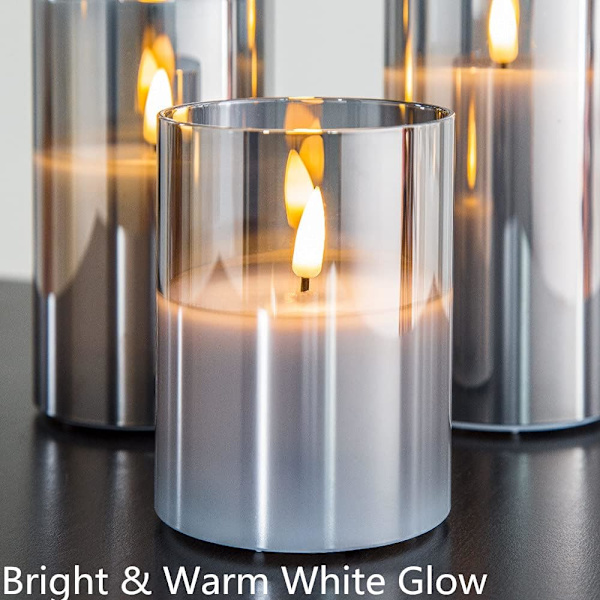 Silvergrå Glas Flamlösa Flimrande Ljus med Fjärrkontroll, 3-pack Realistiska LED-Fusk Ljus ∅ 3\" H 4\" 5\" 6\"