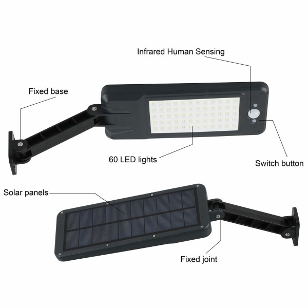 60 LED 6W solcelledrevet IP65 vandtæt udendørs lys sort med justerbart stativ og fjernbetjening, 3 tilstande sensorlys til have, garage, gård