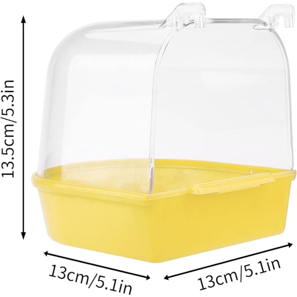 Fågelbadkar, Hängande badkar Fågelbur Tillbehör med krokar, Transparent låda Matmatare Hållare Bricka för Kanariefågel, Undulater, Papegoja 13X14X13cm (Gul)
