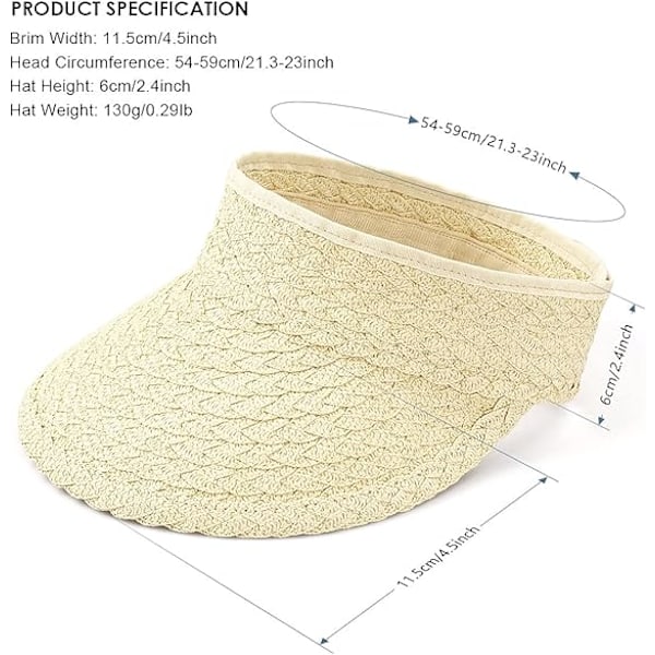 Solhatt, Rullbar Dam Bredbrättad Halm Vikbar Sommar Topplös Solhatt Dam Justerbar Strandhatt, Beige