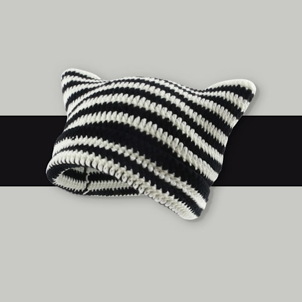 Katte Beanie Hæklet Hatte med Ører Strikket Stribet Vinter Varmt Elastisk Kasket, Sort og Hvid Black and White