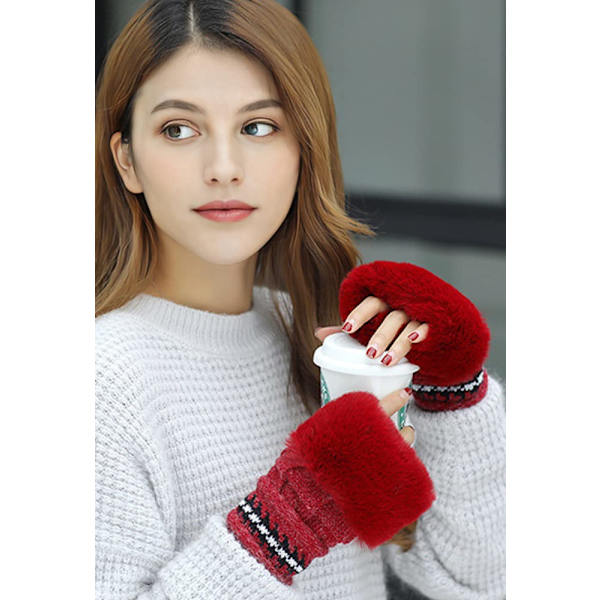 Kvinnlig mössset Fluffig vintermössa Stickad mössa Utomhus Plyschfoder Rysk mössa Pompom Öronlapp med handskar,röd red