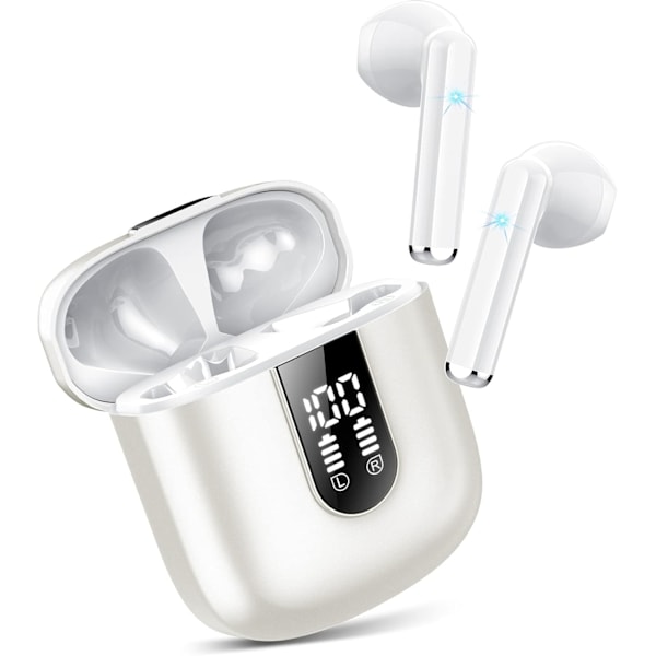 Langattomat kuulokkeet, Bluetooth 5.3 -kuulokkeet 2023, stereo-nappikuulokkeet ENC-mikrofonilla, langattomat in-ear-kuulokkeet kahdella LED-näytöllä White