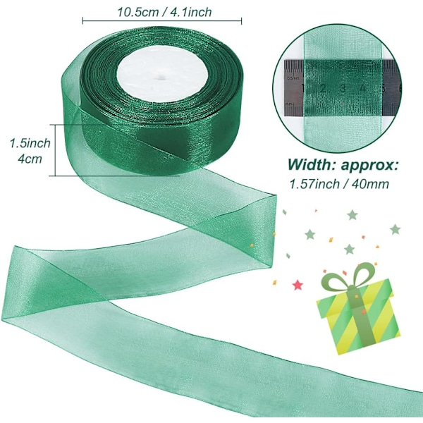 Gennemsigtigt Bånd, 40 mm x 44 meter, Dobbeltsidet Transparent Chiffonbånd til Gaveindpakning, Julebryllupsfest Ceremoni Dekorationer Green