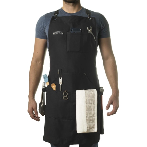 Chef Grilling and Work Apron - Durable Cotton Canvas with Hardware and Cross Straps - for Men, Women, Grilling and Cooking (Black)