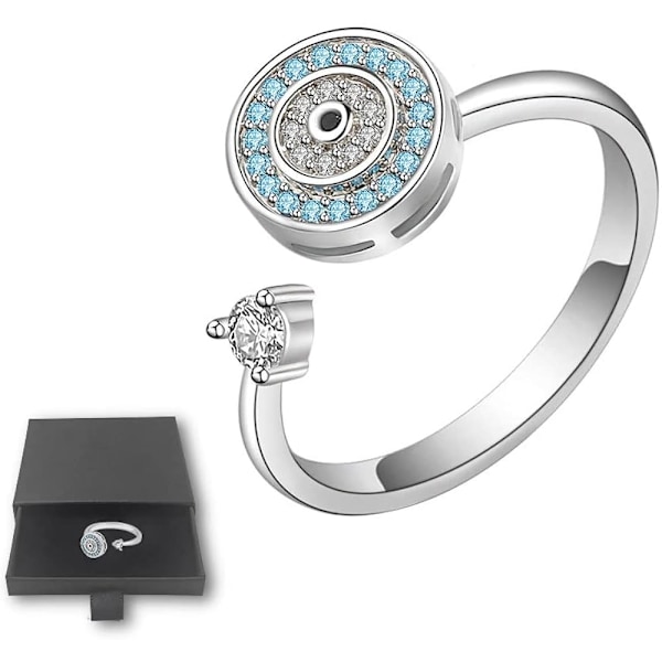 Rund Ring med Onda Ögat, Justerbar Öppen Fidget Spinner Ring med Skivformad Amulett, Zirkonia Kristallpärlor Stressreducerande Smycken för Kvinnor Flickor (Vitguld)