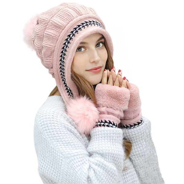 Damhattset Fluffig Vintermössa Stickad Beanie Utomhus Plyschfodrad Rysshatt Pompom Öronlapp med Vantar, rosa Pink