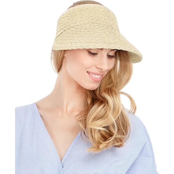 Solhatt, Rullbar Dam Bredbrättad Halm Vikbar Sommar Topplös Solhatt Dam Justerbar Strandhatt, Beige