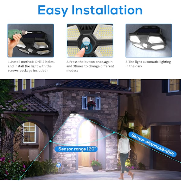 Utomhus Solarlampa, Utomhus LED Strålkastare 108 LED Rörelsesensor, 3 Lägen Solarlampa med Rörelsesensor IP65 Vattentät för Garage Trädgård Staket - 2st