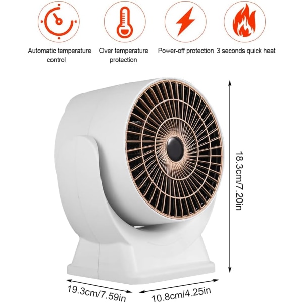800W minivarmer, energibesparende miniviftevarmer med 3S rask oppvarming, stillegående økonomisk romvarmer, liten romvarmer med termostatkontor