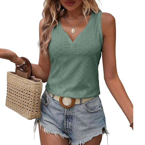 Dam Linnen Toppar Sommar Linnen Toppar för Kvinnor 2025, V-ringad Ärm Broderi Toppar, Casual Lösa Trendiga Toppar (Grön-L) green