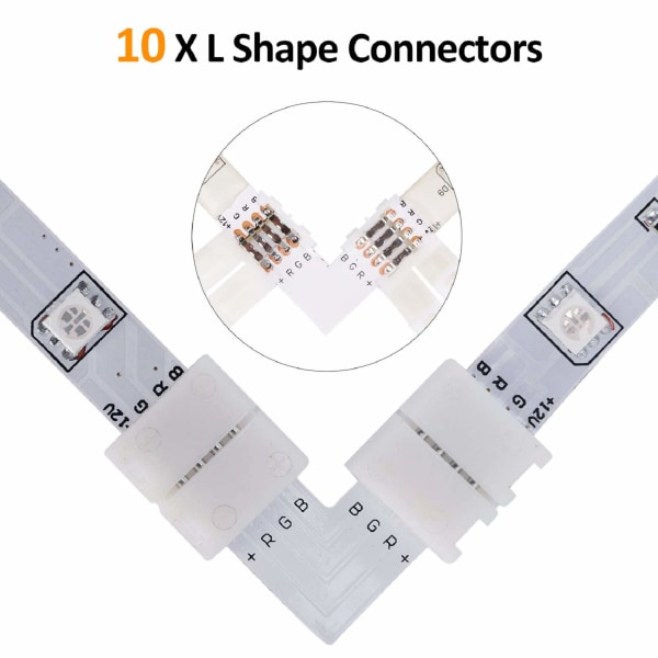 LED-liitin, sisältää 10 L-muotoista liitintä, 2 m LED-nauhan jatkokaapeli, 4 LED-nauhan jatkokaapelia, 5 4-nastaista urosliitintä