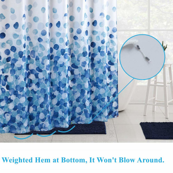 Sininen suihkuverho 180x200 cm, vedenpitävä polyesterikangas hometta hylkivä koristeellinen pitkä kylpyamme kylpyhuoneverho, 12 verhorenkaan koukut