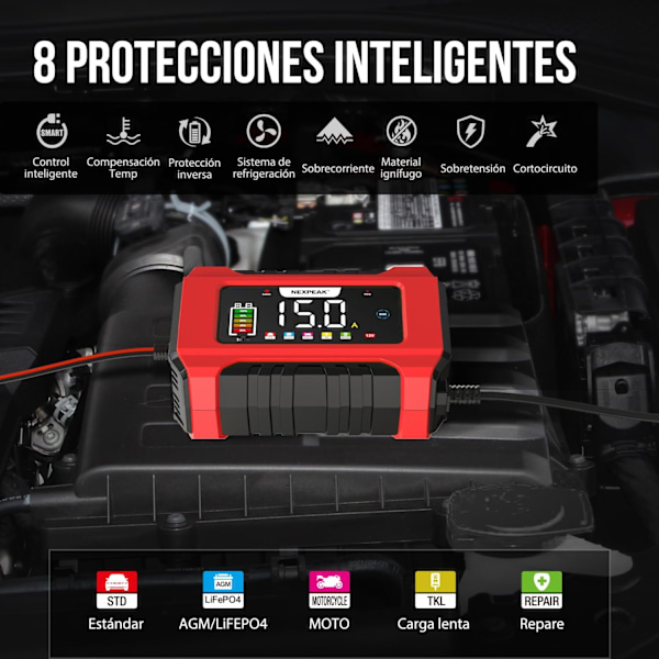 12V 24V LiFePO4 Bærbar Billader 9-Trinns Smart Batterilader for Bil, Lastebil, Motorsykkel, Gressklipper, Båt, Marine
