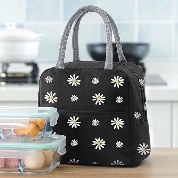 Isolerad Lunchväska, Portabel Termisk Kylväska med Daisy-Mönster Lunchbox Organizer Tote Väska för Arbete Skola Picknick Camping Resor (Svart)