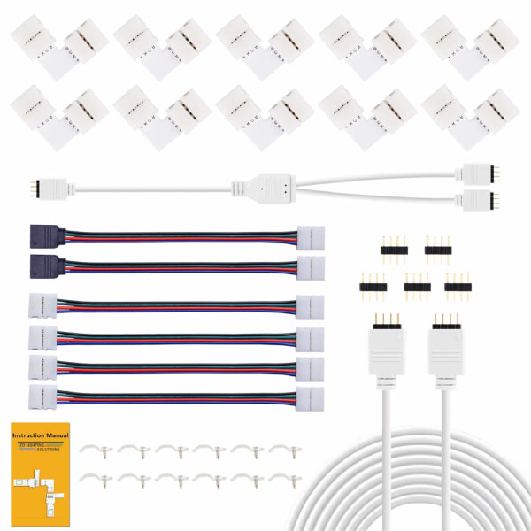 LED-liitin, sisältää 10 L-muotoista liitintä, 2 m LED-nauhan jatkokaapeli, 4 LED-nauhan jatkokaapelia, 5 4-nastaista urosliitintä
