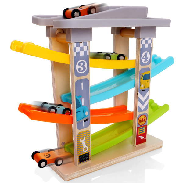 Træbilrampe racerbane - Legetøjsbiler til drenge på 1-2 år - Legetøjsgarage til træbiler med 4 racerbiler - gaver til drenge på 18 måneder +