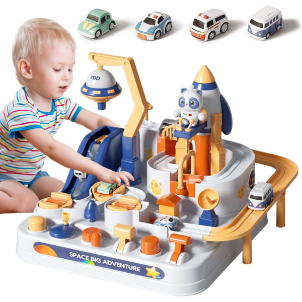 Bilar Race Track Leksaker för barn 3 4 5 6 7 8-åriga pojkar Flickor, Space Rescue Äventyrsleksak med 4 fordon Julklappsleksaker