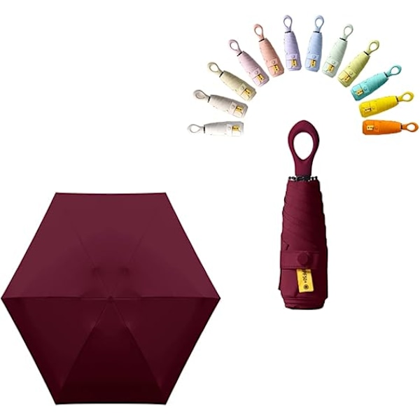 Mini-matkailuvarjo, silmukkakahva, päällystetty kangas, aurinkosuoja/UV-suoja UPF 50, kompakti taittuva sateenvarjo pojille, tytöille ja lapsille wine red