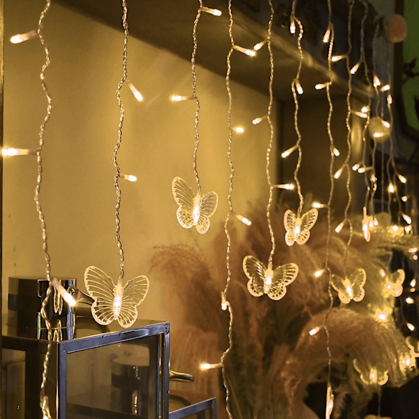 Sommerfugl Lysgardin 4m 96 LED lyslenke 8 Moduser med Fjernkontroll, Lyslenker for Tak Bryllup Juledekorasjon (Varm Hvit)
