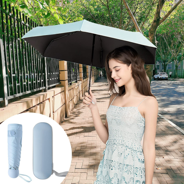 Reiseparaply, miniparaply med 6 ribber, liten UV-paraply med kapselhylster, raskt tørr og ultrakompakt sammenleggbar paraply 90 x 55 cm, blå blue
