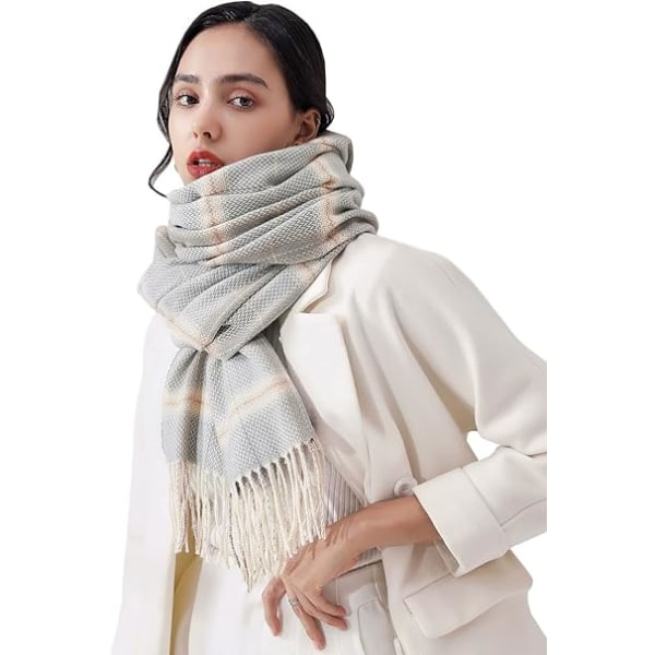 Vinterrutete skjerf for kvinner, langt vinterskjerf, myke varme skjerf, duske-sjal, lang stola, julegave Light Gray